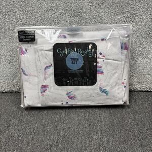 Cynthia Rowley Twin Sheet Set Unicorn Print 100% Cotton Sateen Pink Stars